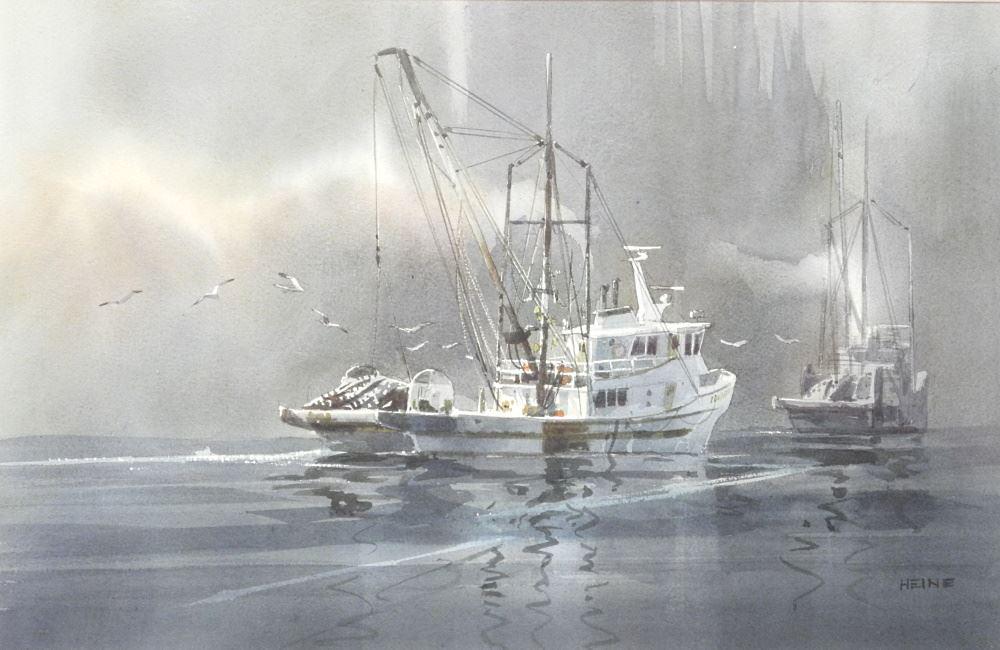 Watercolour Signed (Harry) Heine, "Purse Seiner" 13" X 20". (1 of 4)