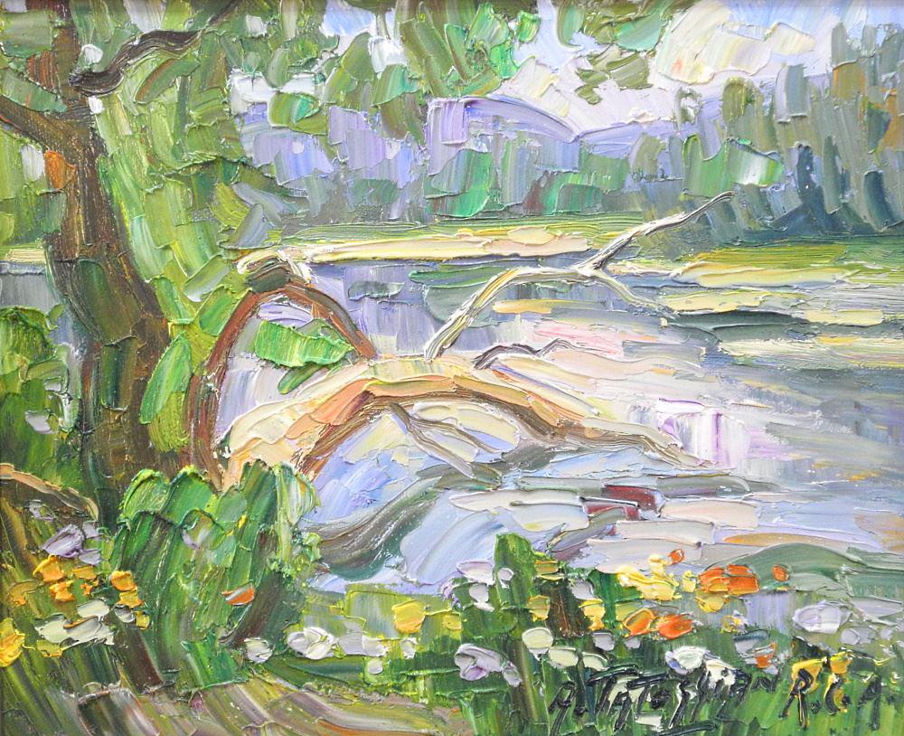 Oil on Canvas Signed A.(Armand) Tatossian RCA, 9 1/2" x 11 1/2", "River Bend in Spring". (1 of 4)