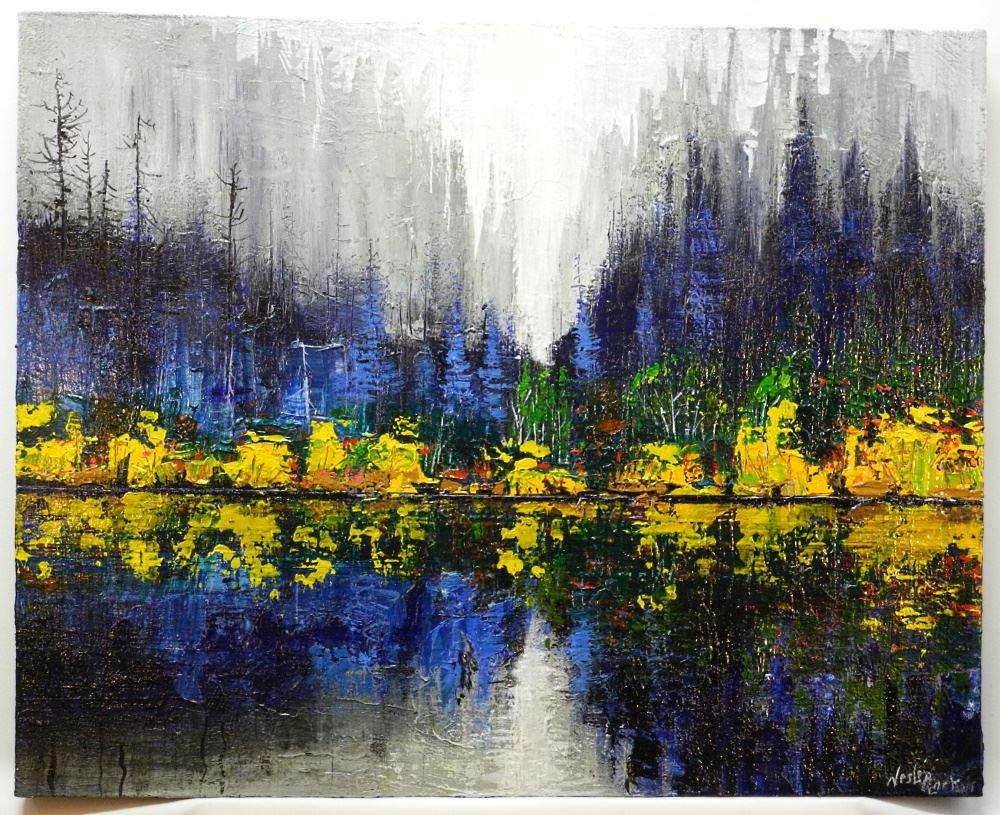 Oil on Canvas Signed Wesley Clark, 24" x 30", "Autumnal Lake's Edge".: Oil on Canvas Signed Wesley Clark, 24" x 30", "Autumnal Lake's Edge".