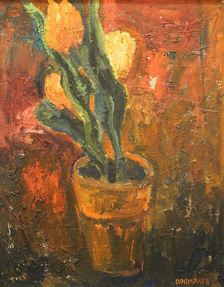 Oil on Masonite signed Molly Lamb B (Bobak), 20" x 16", "Dark Tulips", Losses Noted. (1 of 8)