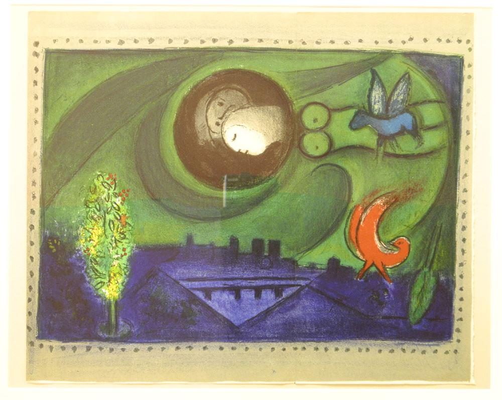 Colour Lithograph after Marc Chagall, "Derrier Le Mimor", 18" x 15".: Colour Lithograph after Marc Chagall, "Derrier Le Mimor", 18" x 15".