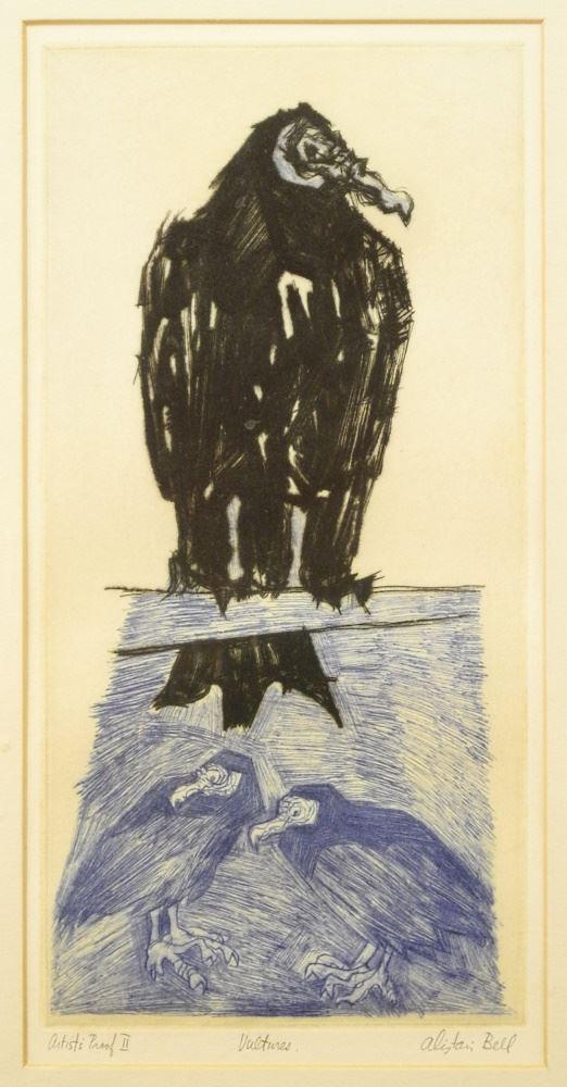 Woodblock Print Artist's Proof Signed Alistair Bell, "Vultures" 14 1/2 X 7 1/2". (1 of 5)