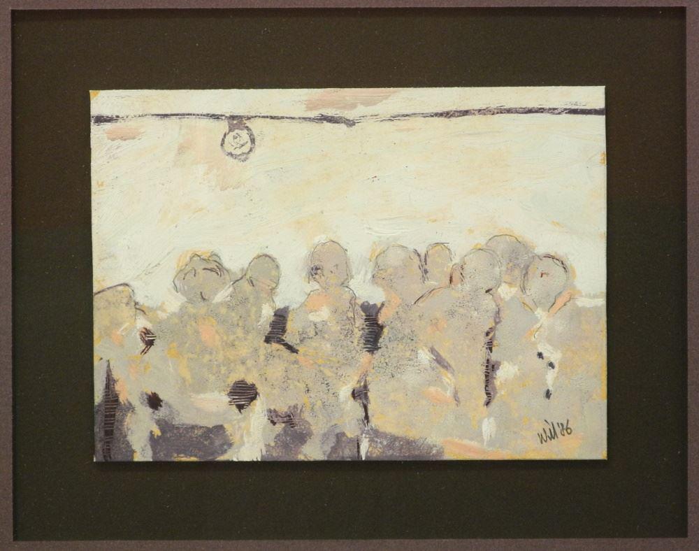 Mixed Media on Paper Signed Will (Julsing) '86, 4 1/2" x 6 1/4", "Gathering of Figures".: Mixed Media on Paper Signed Will (Julsing) '86, 4 1/2" x 6 1/4", "Gathering of Figures".