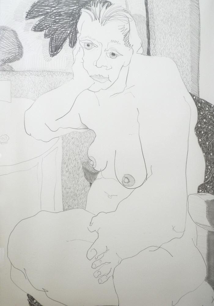 Pencil Drawing Signed Leslie Poole, Untitled Nude Female Portrait.: Pencil Drawing Signed Leslie Poole, Untitled Nude Female Portrait.