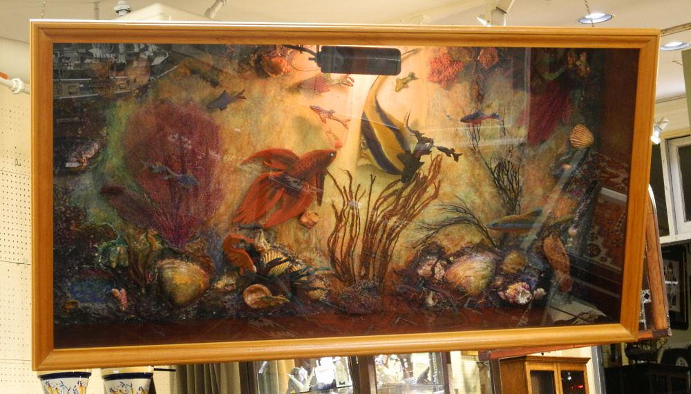 Illuminated Aquarium Shadow Box, Signed "Chaza/94" 26 1/2" x 54 1/4" x 8 1/2".: Illuminated Aquarium Shadow Box, Signed "Chaza/94" 26 1/2" x 54 1/4" x 8 1/2".