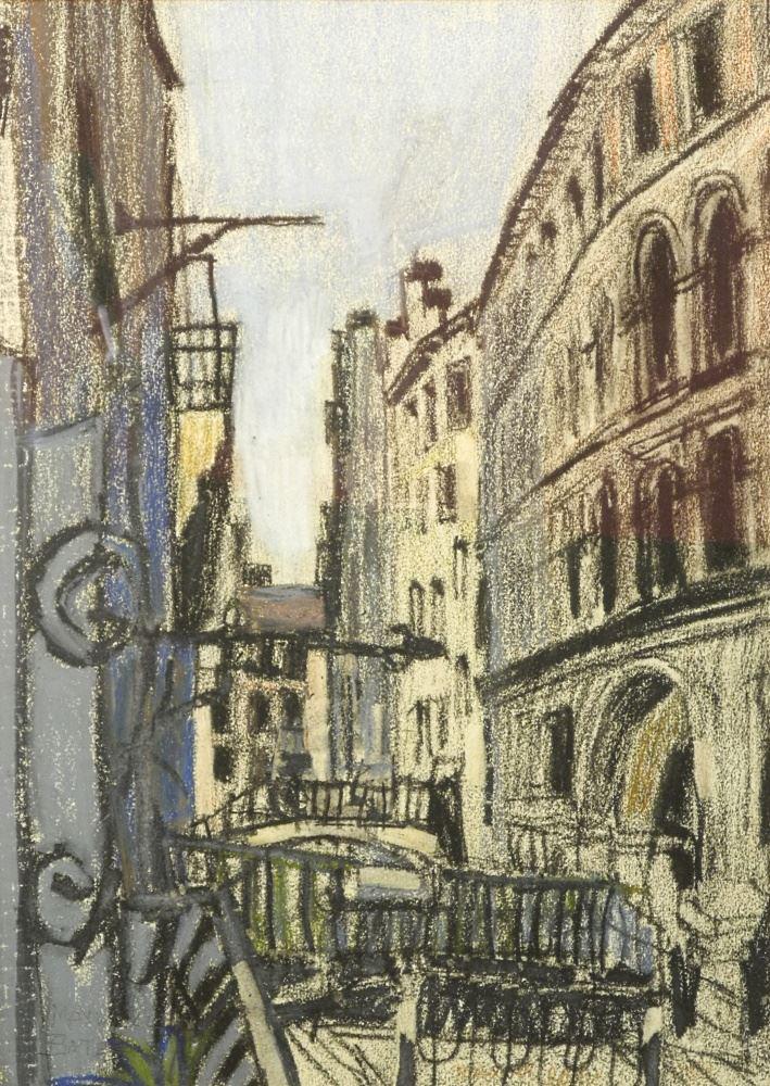 Pastel on Paper Signed Maxwell Bates , 12 1/2" x 8 7/8", "Venice From Hotel Canaletto".: Pastel on Paper Signed Maxwell Bates , 12 1/2" x 8 7/8", "Venice From Hotel Canaletto".