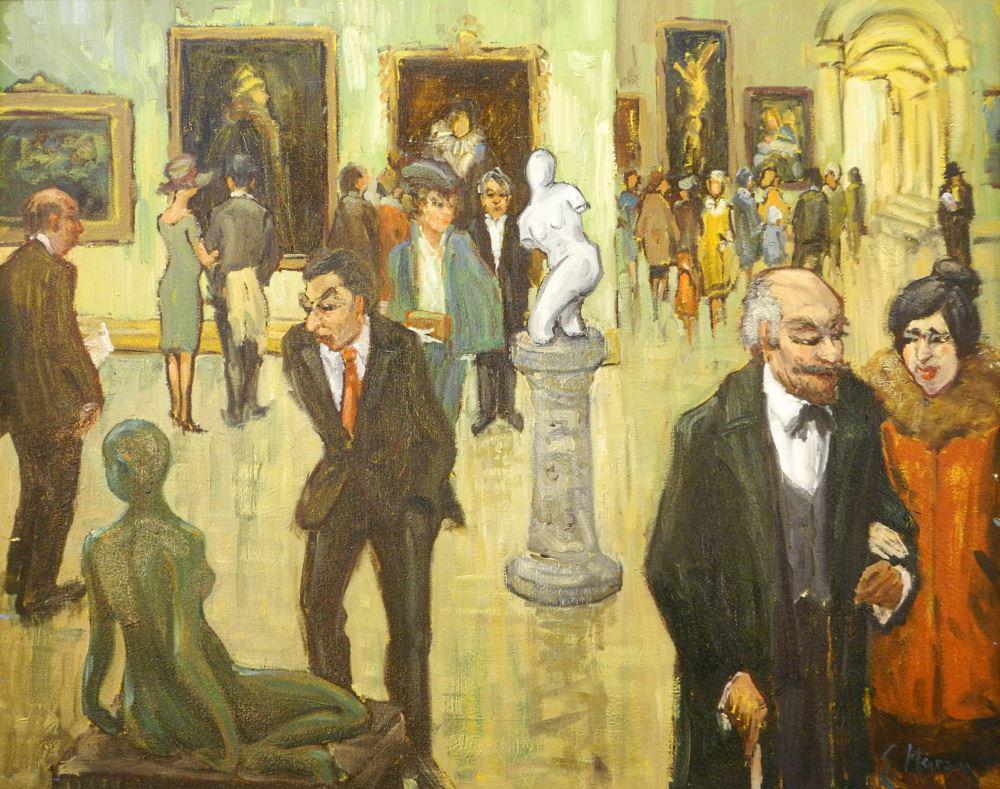 Oil on Canvas Signed E.(Ernest) Marza, 23 1/2" x 29 1/2", "Gallery Scene". (1 of 4)