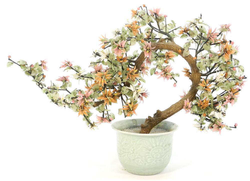 Chinese Hardstone Tree in Celadon Porcelain Jardiniere, 26" Wide: Chinese Hardstone Tree in Celadon Porcelain Jardiniere, 26" Wide