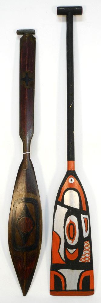 Two Painted Wooden Northwest Coast Style Paddles, 25" Length. (1 of 3)