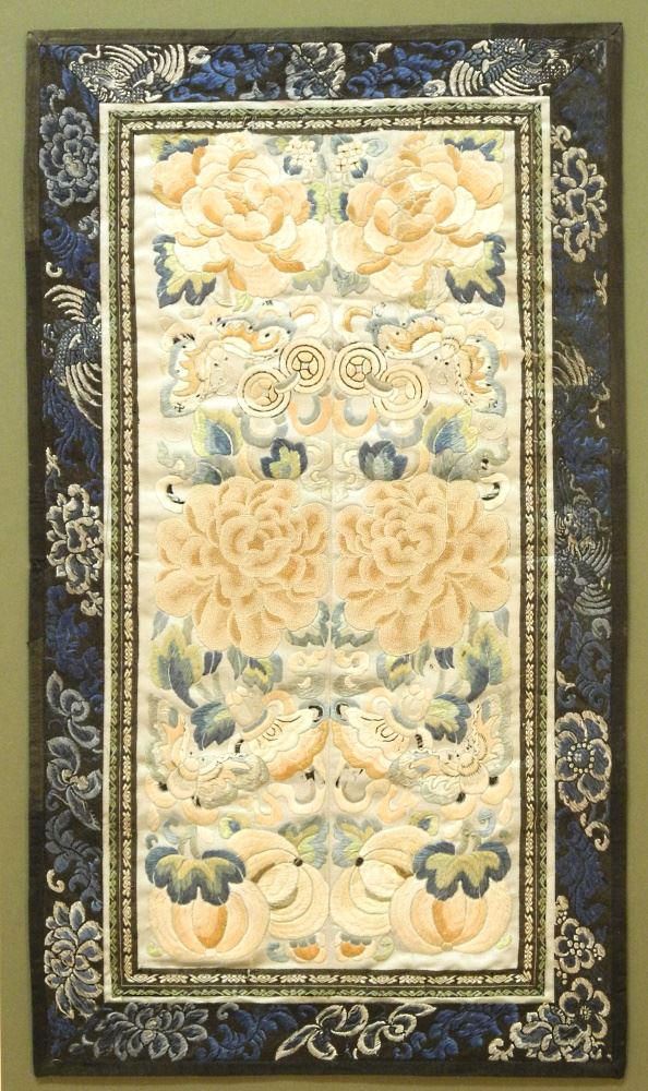Pair of Mandarin Silk Sleeve Panels, 20 1/2" x 11 1/8". (1 of 2)