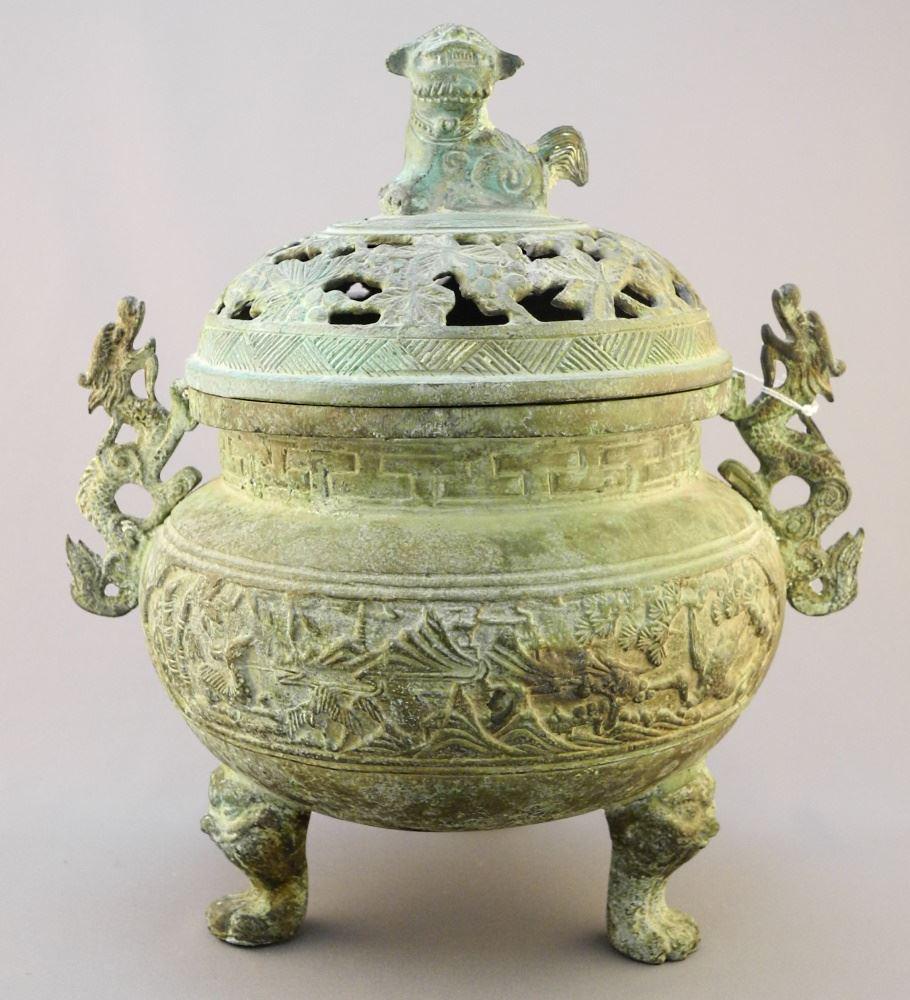Ming-Style Bronze Censer & Cover, 11 1/2" x 9 3/4" x 8". (1 of 4)