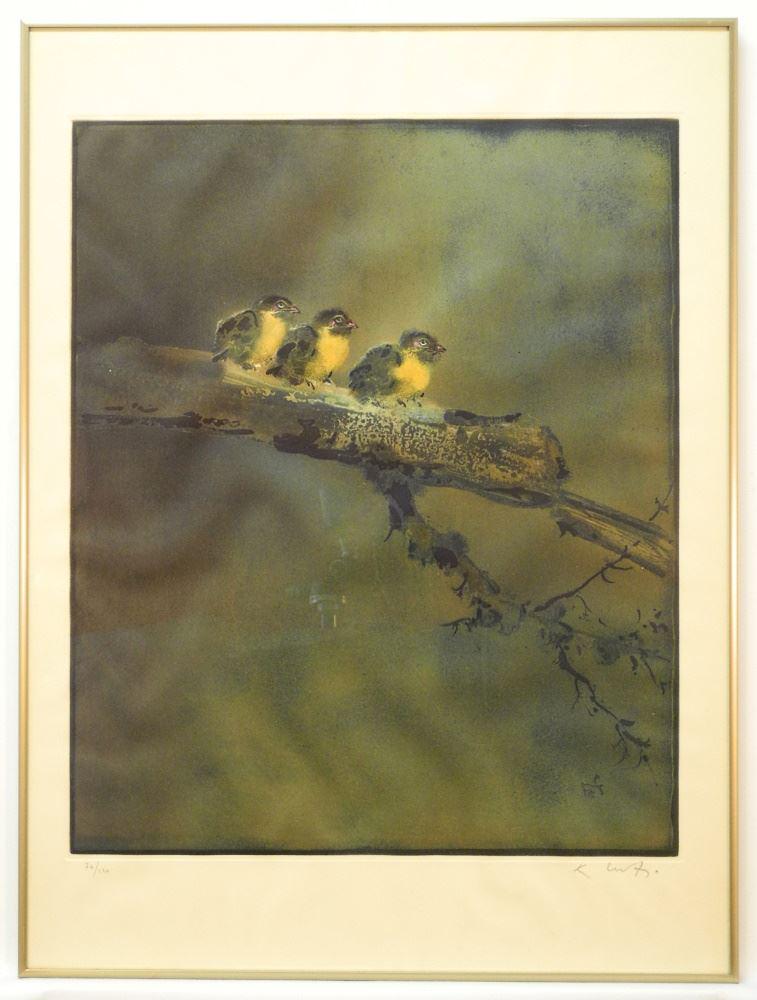 Etching with Aqua Signed K. (Kaiko) Moh, "Three Birds", Plate 23"x19". (1 of 3)