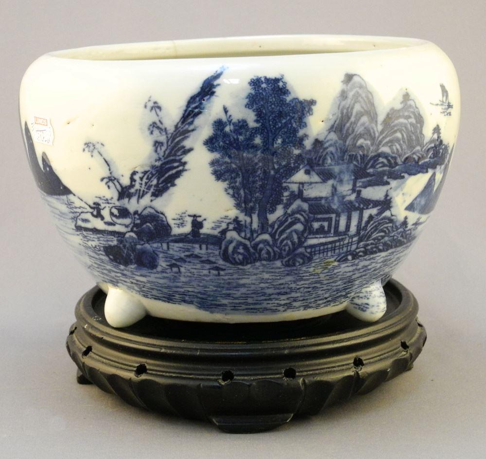 Chinese Blue & White Porcelain Censer, 4 3/4" x 8 1/4" Diameter, Hairline Noted. (1 of 4)
