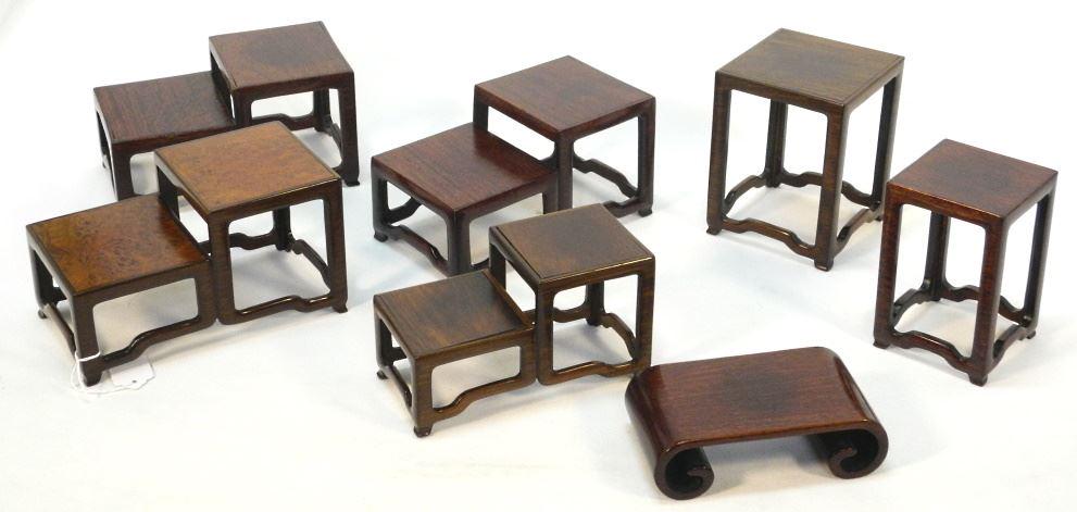 Chinese Rosewood Vase Stands: 4 Tiered/ 2 Stacking/ 1 Scrolled, Largest 4 1/2 x 8 x 4 1/2" (1 of 2)