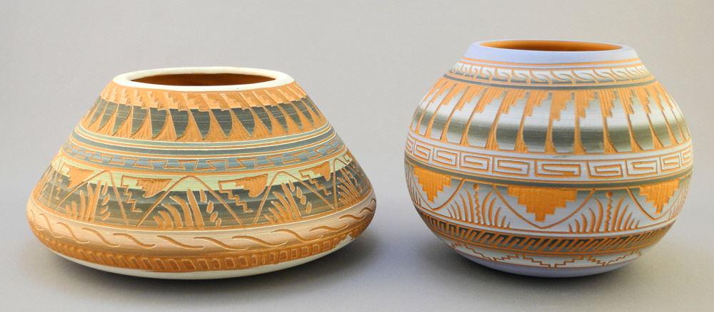 Two Navajo Pots signed Joann Johnson and Sylvia J. (Johnson), 3 5/8 & 4 3/8" High (1 of 3)