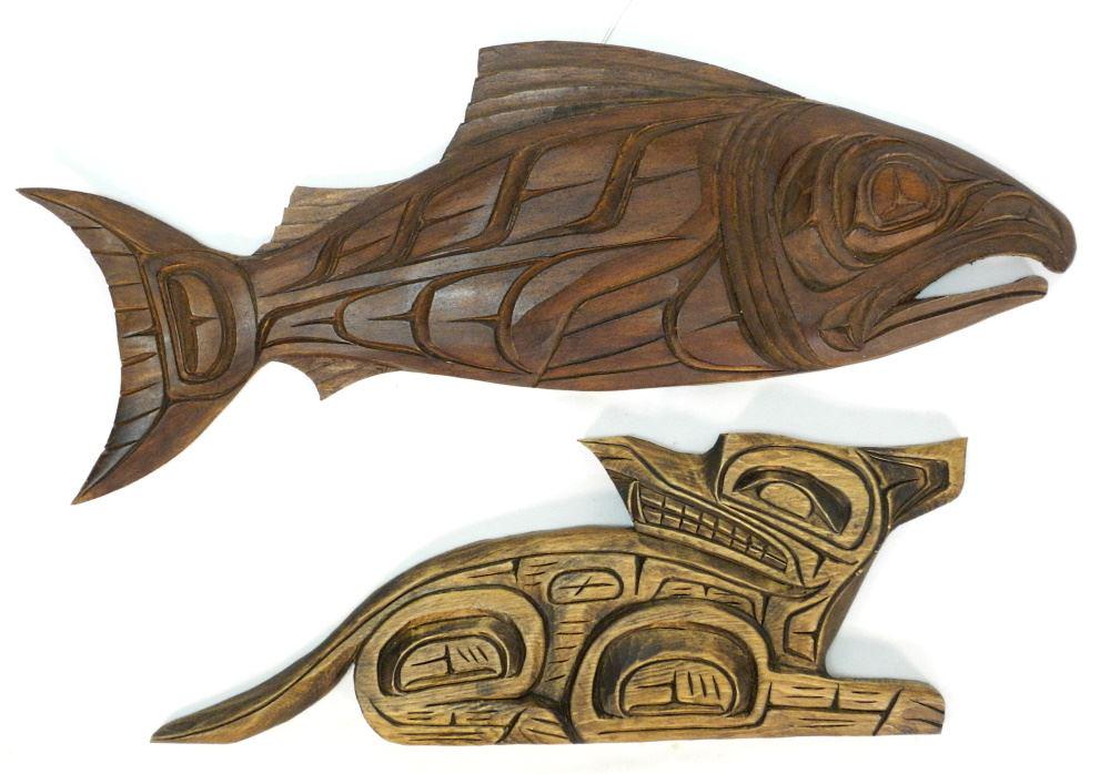 2 Northwest Coast Cedar Plaques: B. Martin & George Mason, 17 1/4" & 21 1/4" Length. (1 of 2)