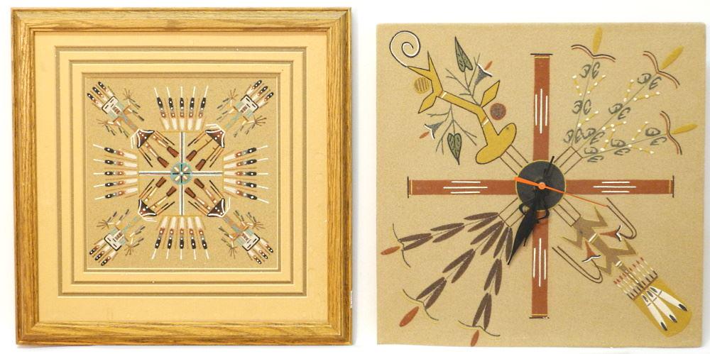 4 Navajo Sand Paintings, 2 with Quartz Clocks, Largest 13" x 13". (1 of 2)