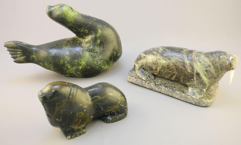Three Inuit Stone Carvings of Seals & a Walrus, 9 1/2" Length. (1 of 4)