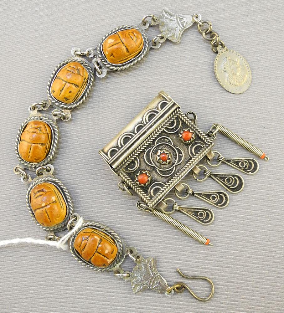 Egyptian Revival Silver Coloured Scarab Bracelet & Tibetan Prayer Box,  1 1/2"W. (1 of 1)