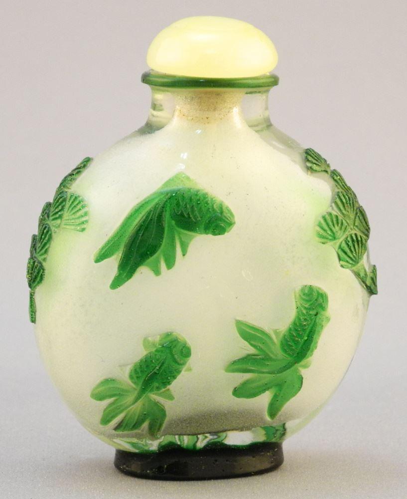 Chinese Peking Glass Snuff Bottle, Green Over Clear, 3" High. (1 of 2)