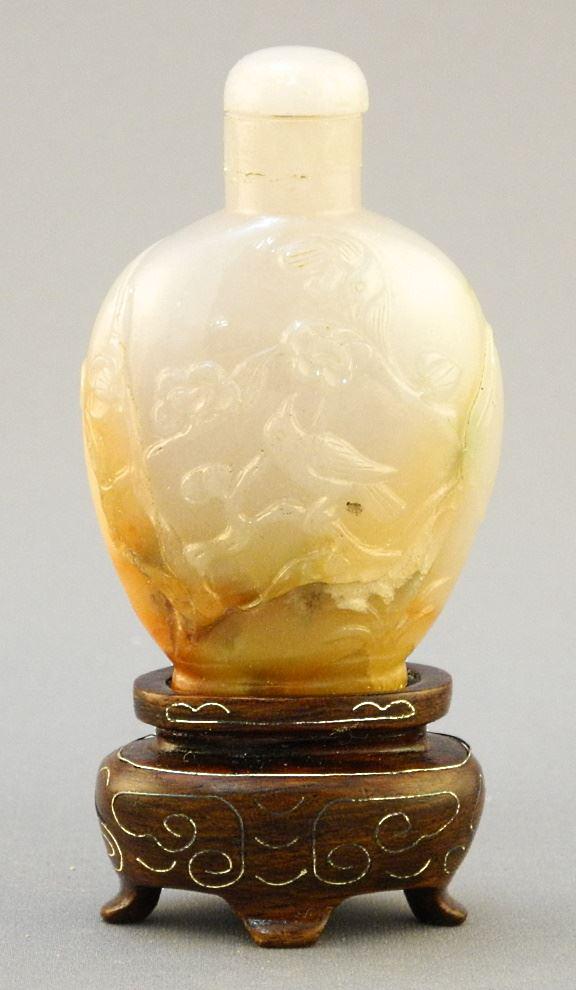 White Jade Snuff Bottle with Russet Inclusions with Stand, 2 5/8" High.: White Jade Snuff Bottle with Russet Inclusions with Stand, 2 5/8" High.