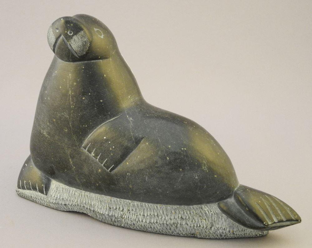 Inuit Grey Stone Walrus Figure, Signed with Syllabics & E9-931. (1 of 5)