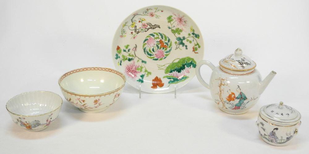 5 Pieces of Chinese Porcelain: 2 Export (Restored)/ 3 Enameled, Dish 9 1/2" Diameter, As Found (1 of 4)