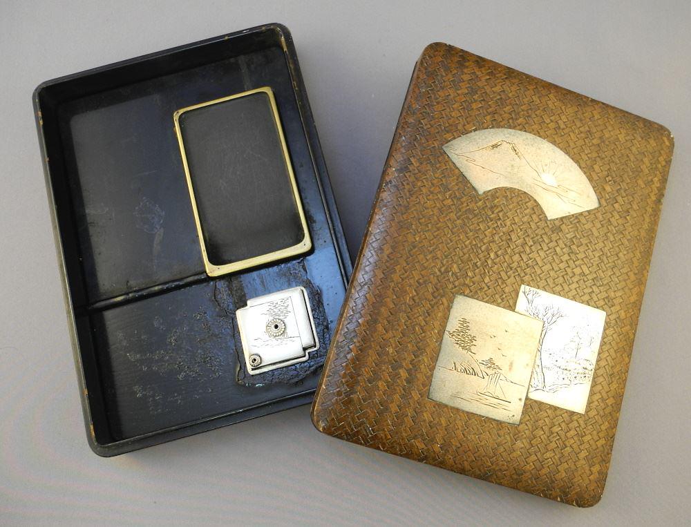 Japanese Silver Inset Suzuribako with Silver Dropper, as found, 1 3/4 x 8 3/4 x 6 1/4" (1 of 4)