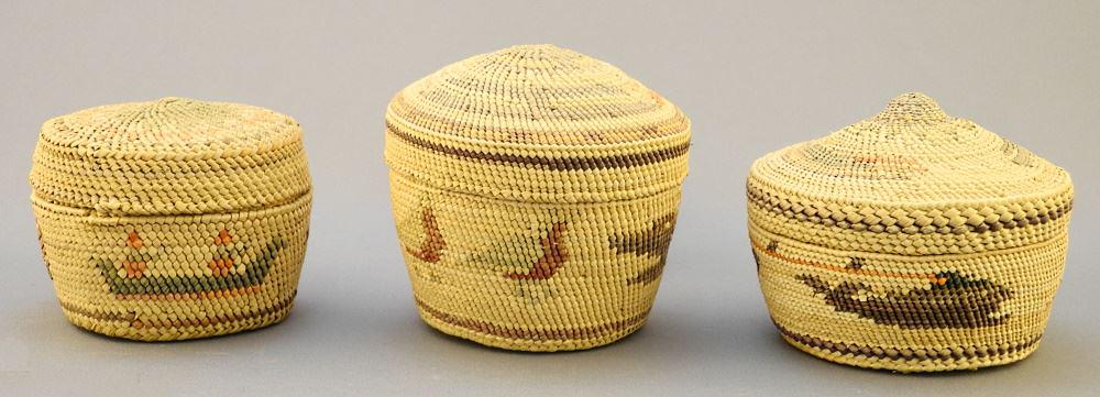 Three Nuu-Chah-Nulth Trinket Baskets, largest 3" in diameter. (1 of 2)