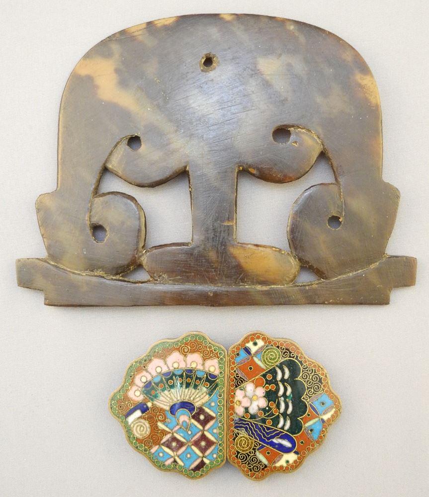 Cloisonne Belt Buckle (3" W) & Tortoise Shell Hair Piece, With Chip (1 of 2)