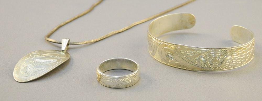 3 Coast Salish Silver Items, Attributed to Richard Krentz Cuff / Ring / Pendant 28.9 (1 of 6)
