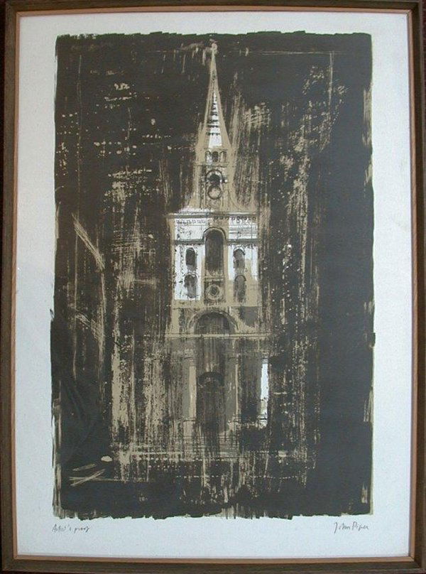 Coloured lithograph signed John Piper,: Coloured lithograph signed John Piper, artists proof, 28" x 18 1/2", "Church Steeple".