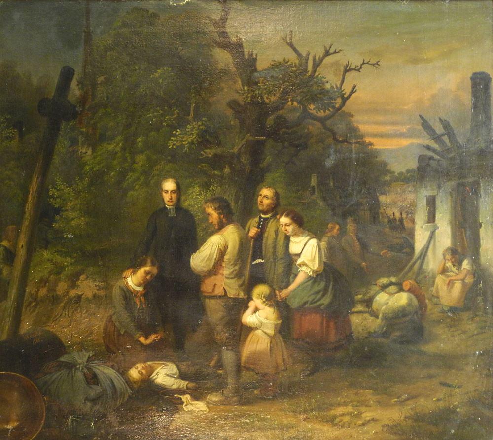 Oil on Canvas Possibly C. Mende 68, 28" x 31 1/2", "Funeral Scene". (1 of 8)