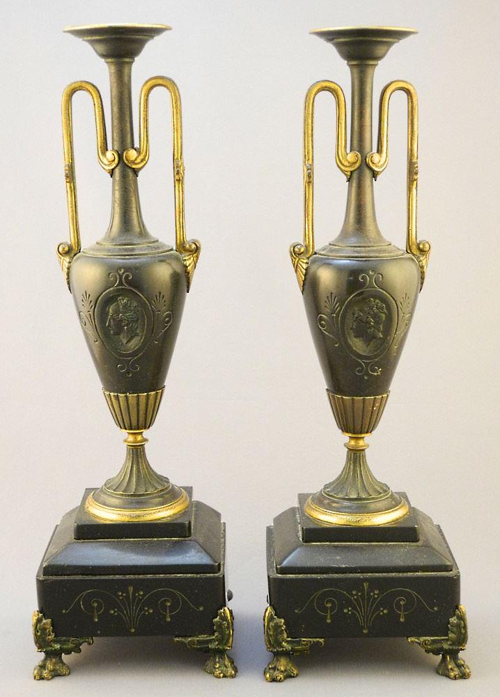 Pair of Neo-Classical Alloy & Stone Victorian Urns, 14" High. (1 of 3)