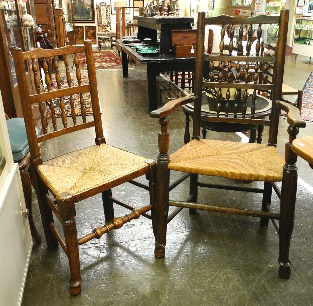 2 Georgian Oak Spindle Chairs, One With Arms, 37 1/2 & 41 1/2" High: 2 Georgian Oak Spindle Chairs, One With Arms, 37 1/2 & 41 1/2" High
