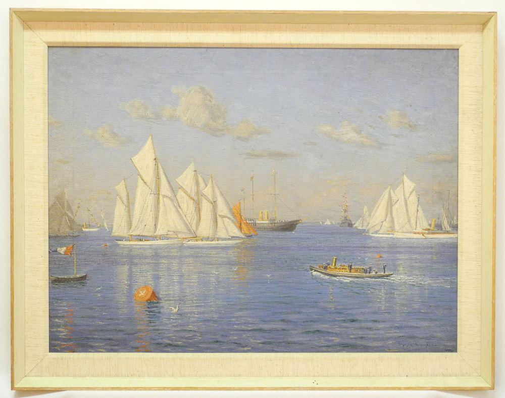 Oil on Canvas Signed Byron Cooper, 17 7/8" x 23 7/8", "Regatta Scene".: Oil on Canvas Signed Byron Cooper, 17 7/8" x 23 7/8", "Regatta Scene".