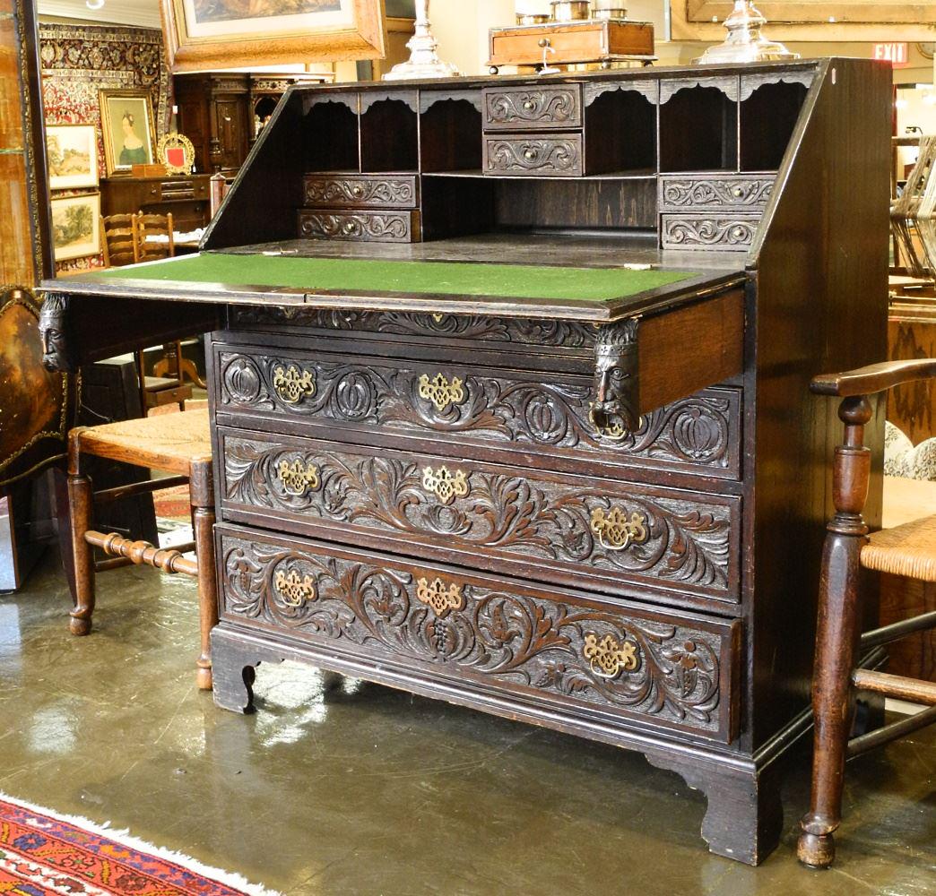 19th Century Carved Oak Bureau, 44" High.: 19th Century Carved Oak Bureau, 44" High.