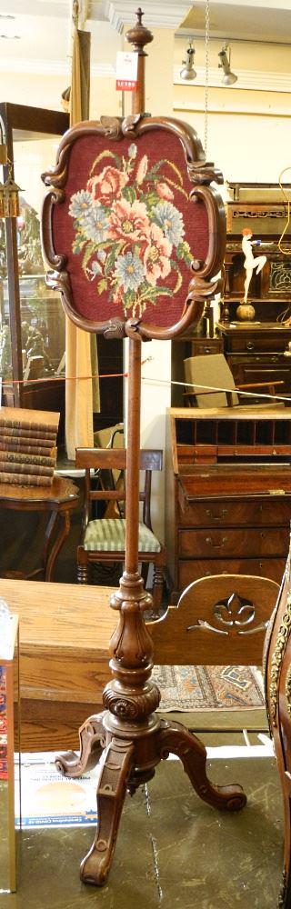 Mid-19th Century Mahogany Pole Screen with Needlepointed Screen, 67 1/2"X17 1/4"X16". (1 of 3)