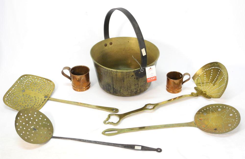 Brass Pan & Group of Skimming Ladles with 2 Copper Cups, Pan 12 1/2" Wide (1 of 3)