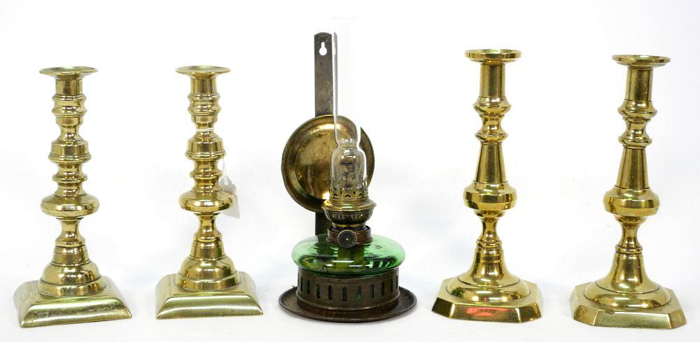 Wall Hanger Oil Lamp with 2 Pair Brass Candlesticks, 11 1/8" High. (1 of 4)
