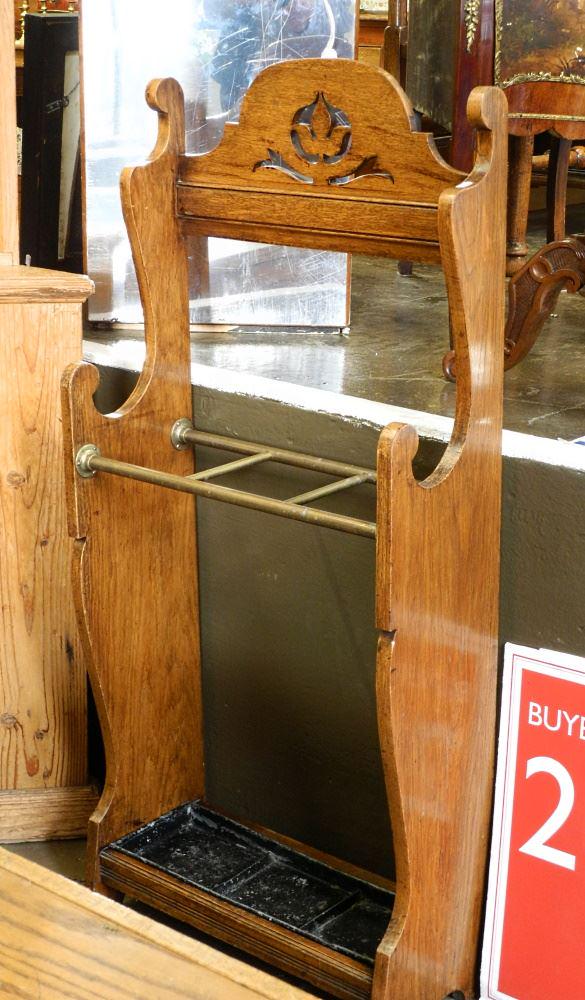 Art Nouveau Influenced Oak & Brass Cane / Umbrella Stand, 48 1/2"H. (1 of 2)