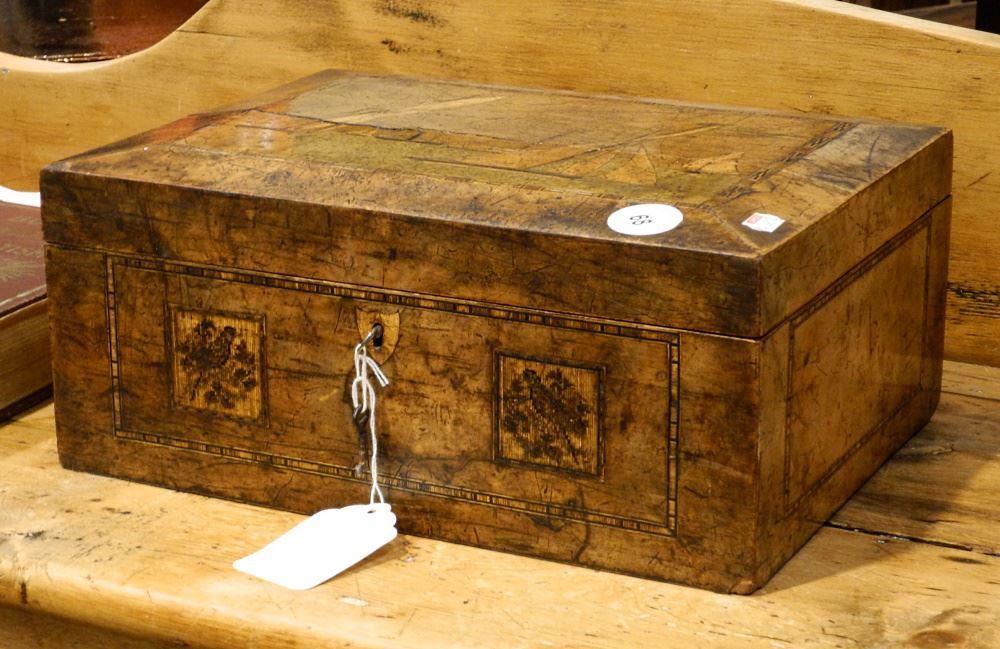 Tunbridge Ware Sewing Box & Contents, "Sailboats & Steamship" 5 1/2"X12 7/8"X9 3/4". (1 of 4)