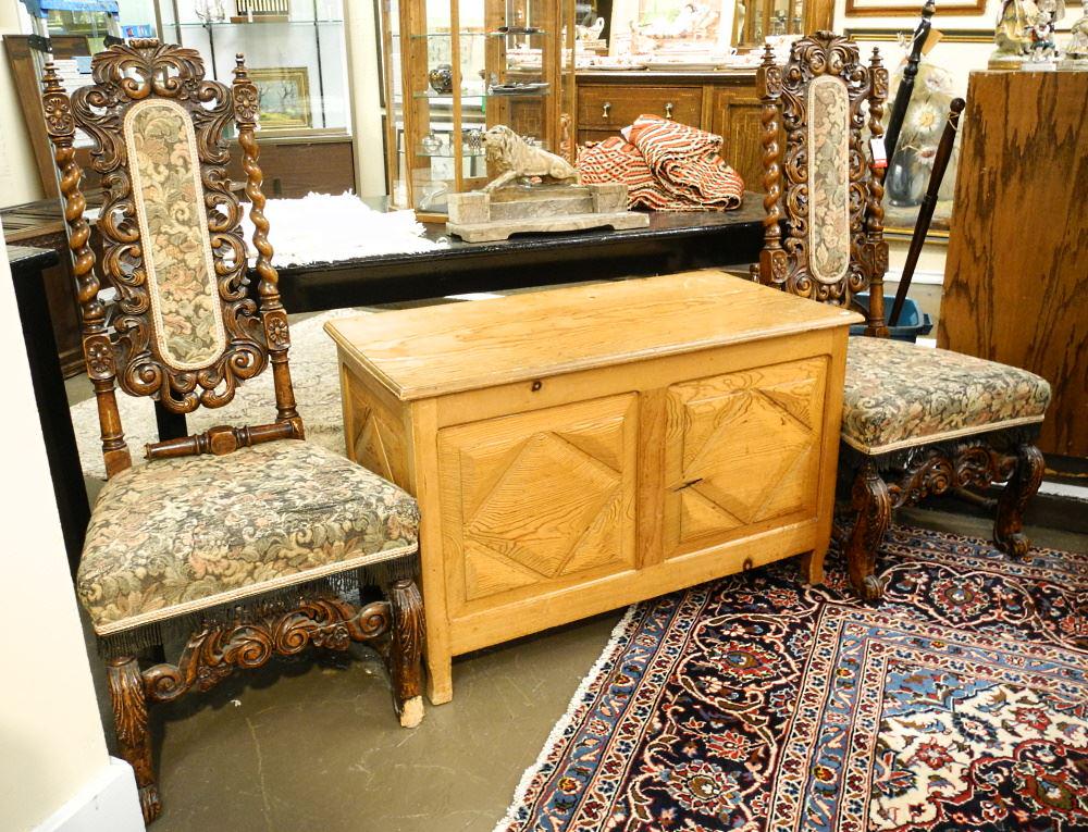 Pair of 17th Century Baroque Side Chairs, One Lacking Lower Stretcher & Toe, 46 1/2" High (1 of 3)