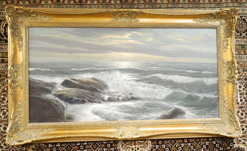 Oil on Canvas Signed Hansen Syed, 19" x 38 3/4", "Crashing Waves Coastline".: Oil on Canvas Signed Hansen Syed, 19" x 38 3/4", "Crashing Waves Coastline".