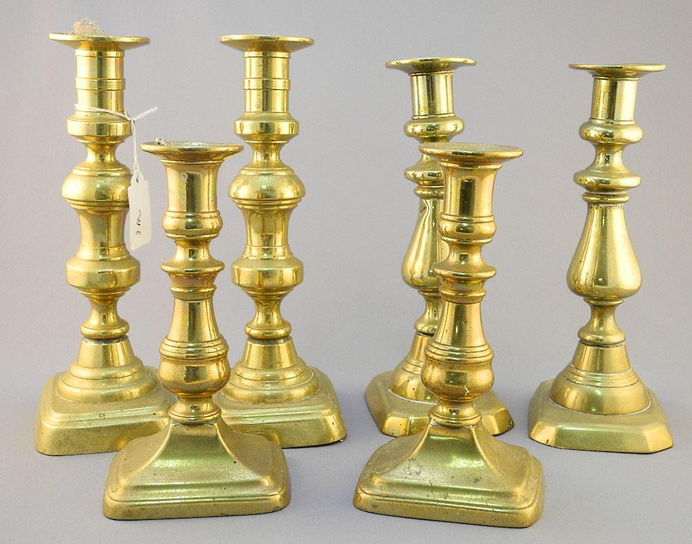 Three Pair of Antique Brass Candlesticks, 6 7/8 - 8 3/4" High (1 of 3)