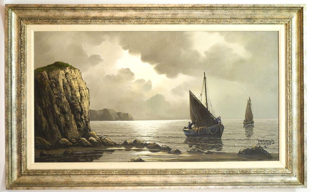 Oil on Canvas Signed Francois Carbu, 21" x 39", "Coastline with Fisherman".: Oil on Canvas Signed Francois Carbu, 21" x 39", "Coastline with Fisherman".