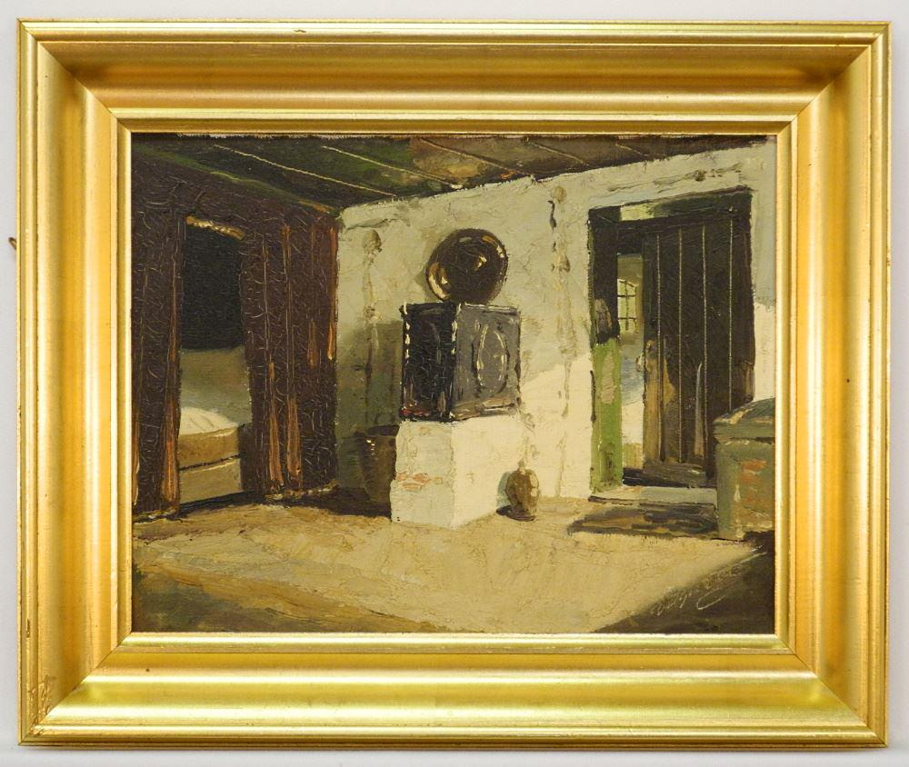 Danish Oil on Masonite signed Indistinctly, 10 1/8" x 13", "Danish Farmhouse Interior".: Danish Oil on Masonite signed Indistinctly, 10 1/8" x 13", "Danish Farmhouse Interior".