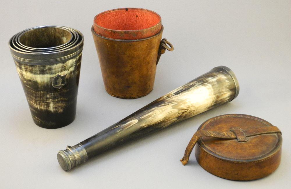 Antique Scottish Silver & Horn Flask with Cups, 10"H. (1 of 6)