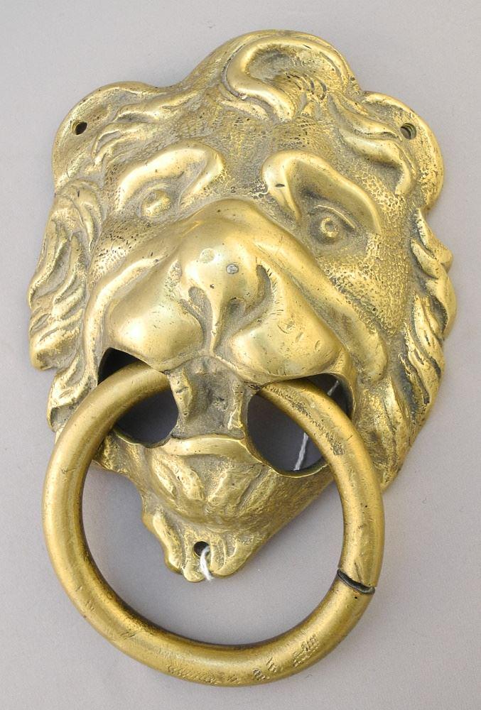 Brass Lion Mask Door Knocker, 8 3/4 x 6 x 2 1/4". (1 of 2)