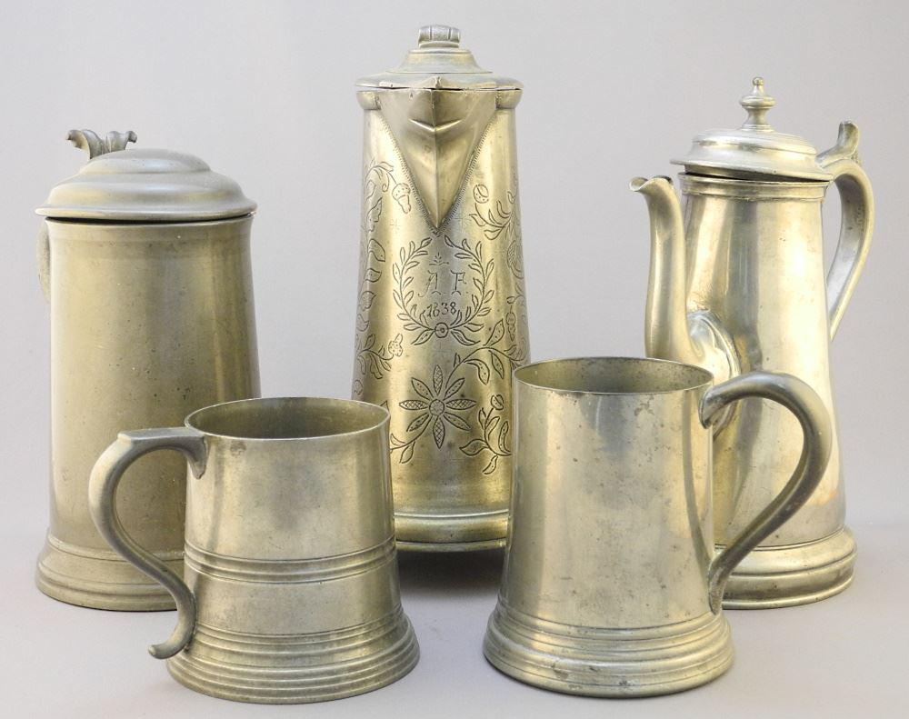 5 Pieces of Pewter: Flagon (10 1/2") / Coffee Pot/ 3 Glass Bottom Steins (1 of 4)
